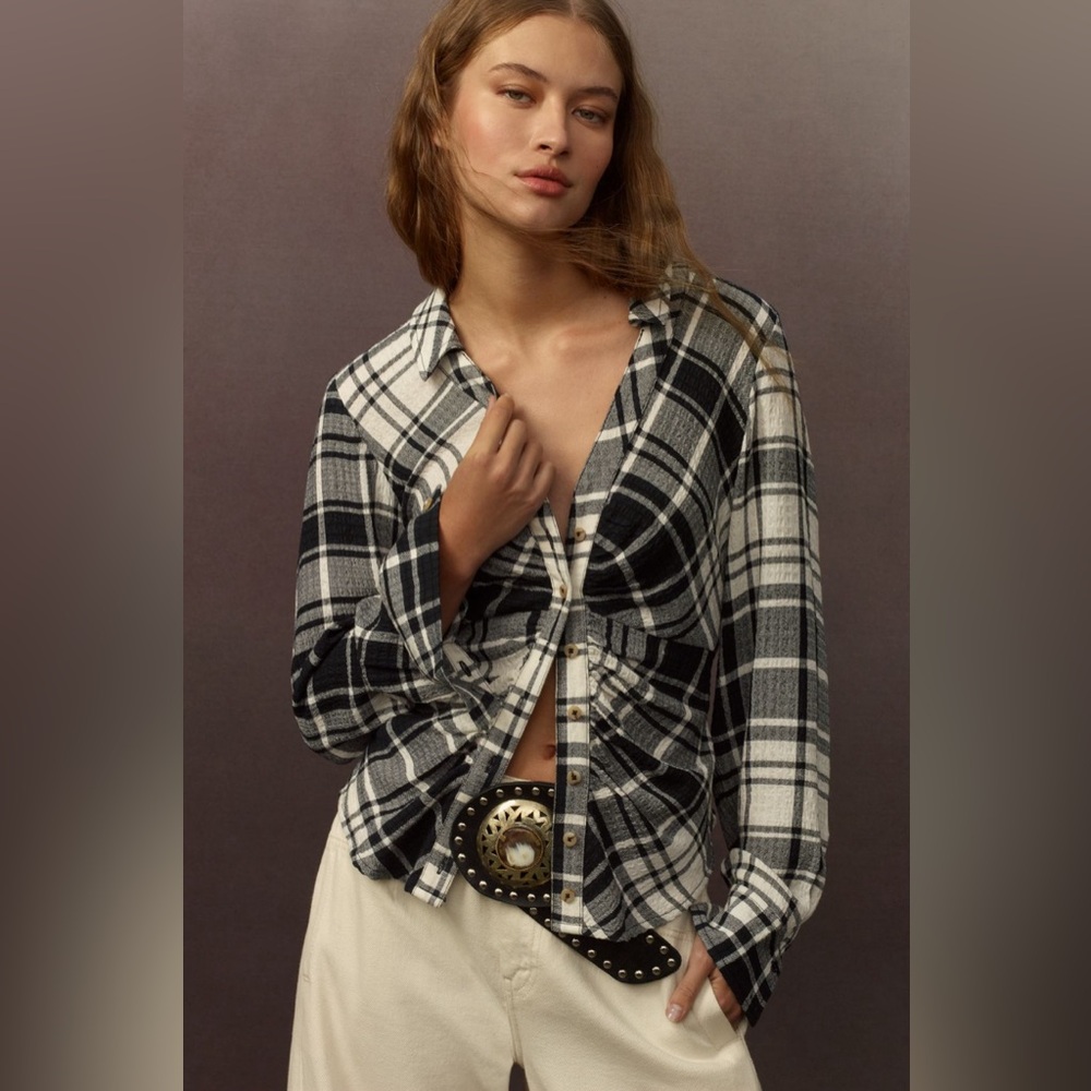NWT Anthropologie Pilcro ruched black and white plaid button up blouse size M
